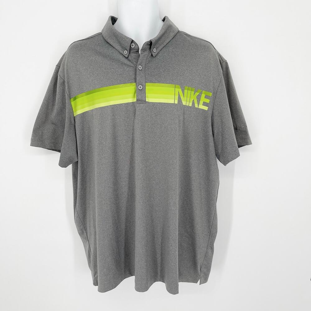 Nike Golf Sport Polo Shirt Mens Sz XXL Gray Green Logo Stripe Dri-Fit Hualalai